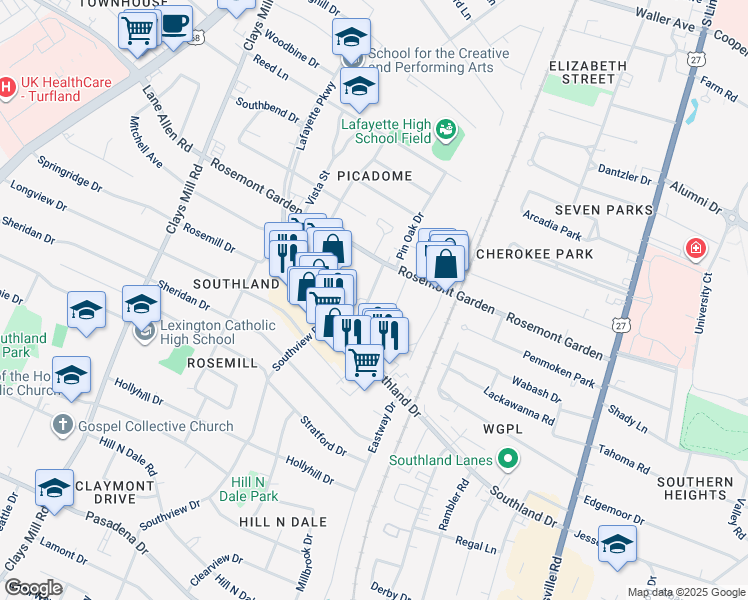 map of restaurants, bars, coffee shops, grocery stores, and more near 116 Cherrybark Drive in Lexington