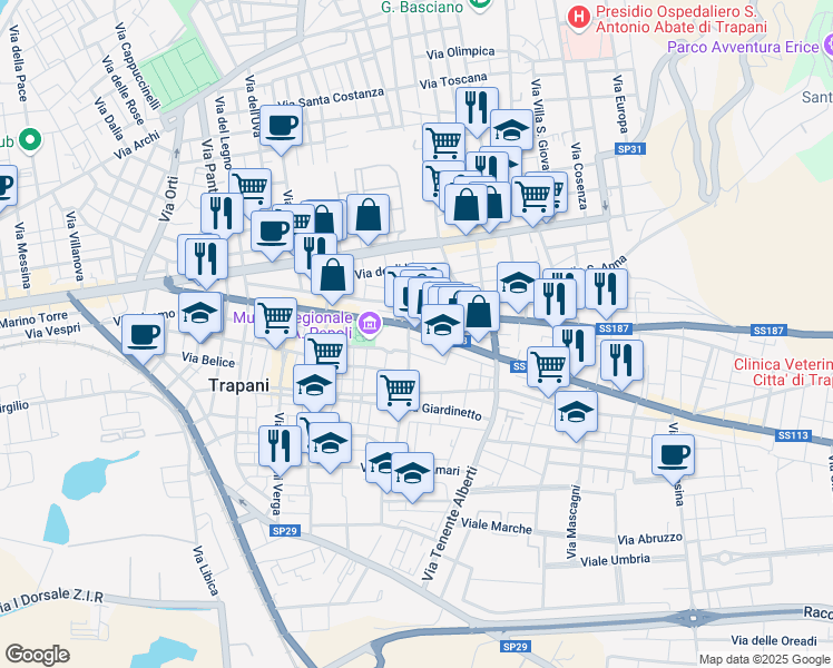 map of restaurants, bars, coffee shops, grocery stores, and more near 23 Via Giuseppe Polizzi in Trapani