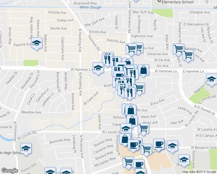 map of restaurants, bars, coffee shops, grocery stores, and more near 1084 Rivara Rd in Stockton
