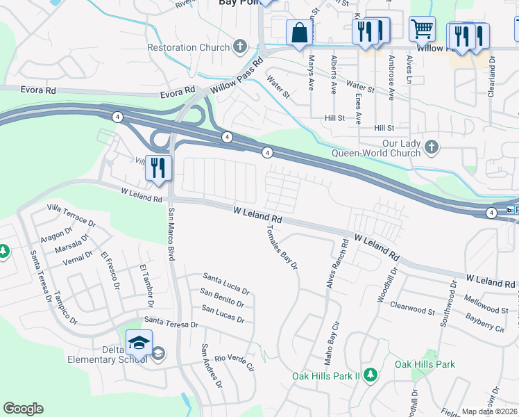 map of restaurants, bars, coffee shops, grocery stores, and more near 1548 Portofino Drive in Bay Point