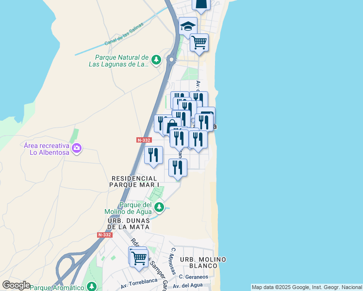 map of restaurants, bars, coffee shops, grocery stores, and more near 44 Avenida de Francia in La Mata