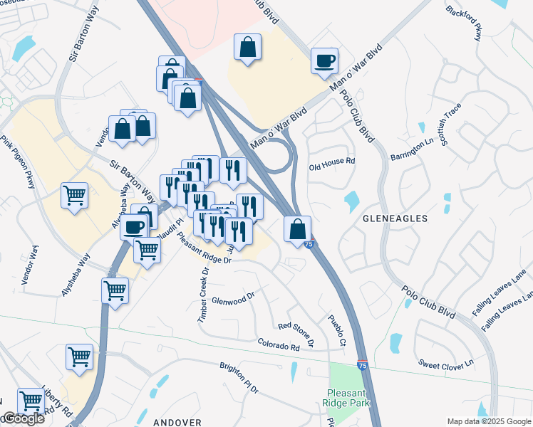 map of restaurants, bars, coffee shops, grocery stores, and more near 2001 Bryant Road in Lexington