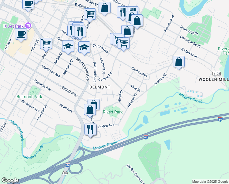 map of restaurants, bars, coffee shops, grocery stores, and more near 106 Greenwich Court in Charlottesville