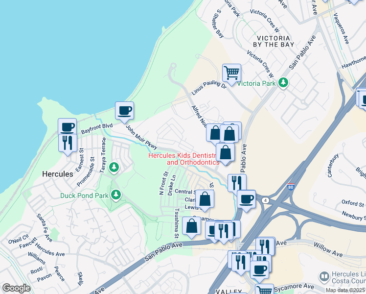 map of restaurants, bars, coffee shops, grocery stores, and more near 1861 Shasta Lane in Hercules