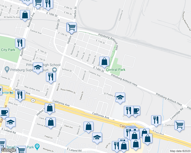 map of restaurants, bars, coffee shops, grocery stores, and more near 696 Carpino Avenue in Pittsburg