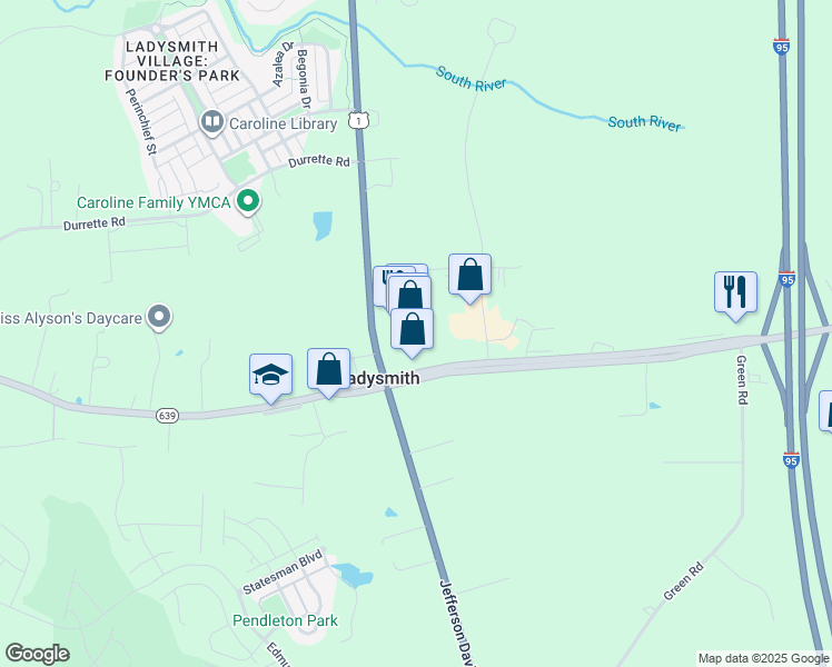 map of restaurants, bars, coffee shops, grocery stores, and more near 17501 Jefferson Davis Highway in Ruther Glen