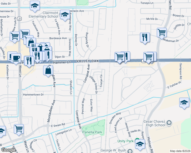 map of restaurants, bars, coffee shops, grocery stores, and more near 7330 Tristan Circle in Stockton