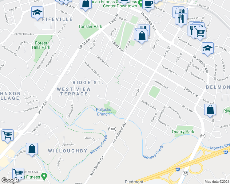 map of restaurants, bars, coffee shops, grocery stores, and more near 111 Hartmans Mill Road in Charlottesville