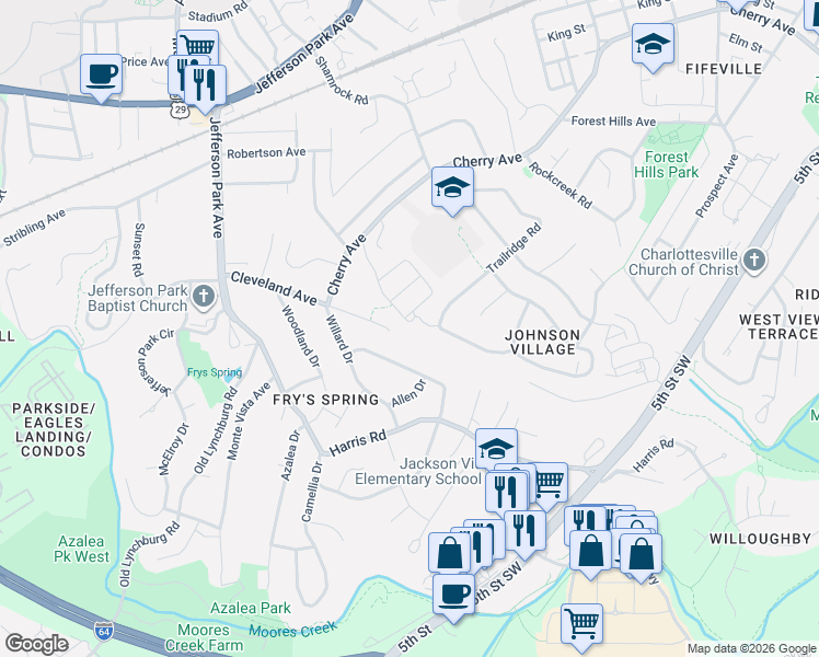 map of restaurants, bars, coffee shops, grocery stores, and more near 702 Rainier Road in Charlottesville