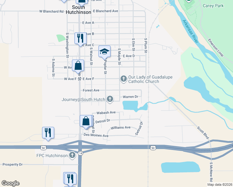 map of restaurants, bars, coffee shops, grocery stores, and more near 229 Forest Avenue in South Hutchinson