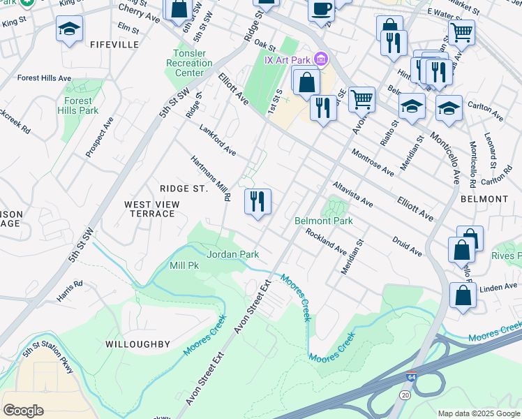 map of restaurants, bars, coffee shops, grocery stores, and more near 1508 Rosa Terrace in Charlottesville