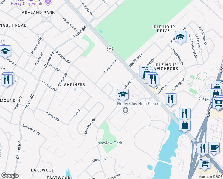 map of restaurants, bars, coffee shops, grocery stores, and more near 266 Fontaine Circle in Lexington