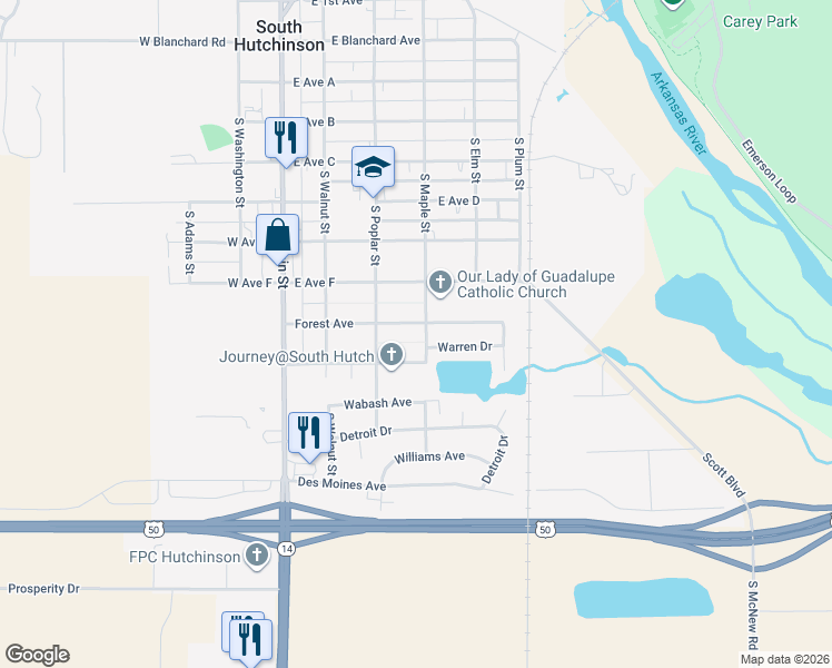 map of restaurants, bars, coffee shops, grocery stores, and more near 229 Forest Avenue in South Hutchinson