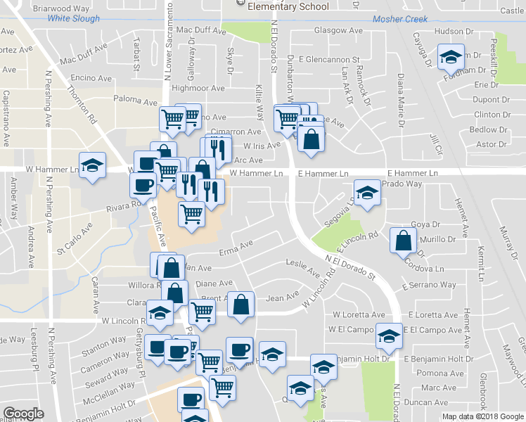 map of restaurants, bars, coffee shops, grocery stores, and more near 219 Santa Clara Street in Stockton