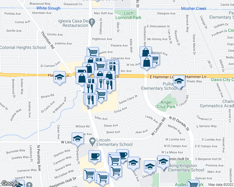 map of restaurants, bars, coffee shops, grocery stores, and more near 7643 Santa Ines Court in Stockton