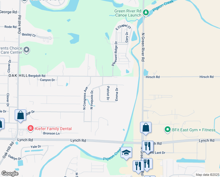 map of restaurants, bars, coffee shops, grocery stores, and more near 4525 Patriot Drive in Evansville