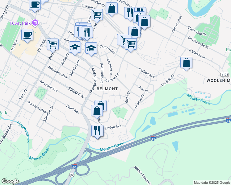 map of restaurants, bars, coffee shops, grocery stores, and more near 108 Waterbury Court in Charlottesville