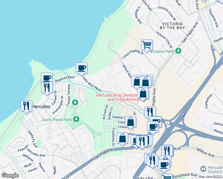 map of restaurants, bars, coffee shops, grocery stores, and more near 1952 John Muir Parkway in Hercules