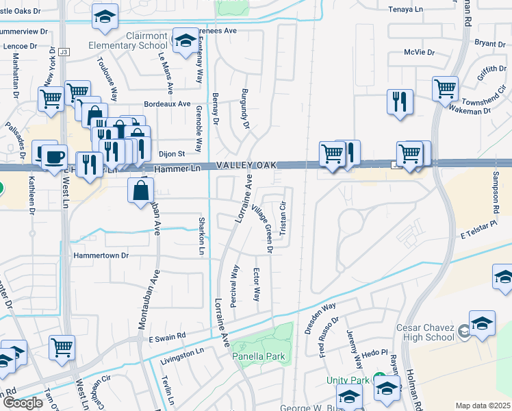 map of restaurants, bars, coffee shops, grocery stores, and more near 7330 Tristan Circle in Stockton