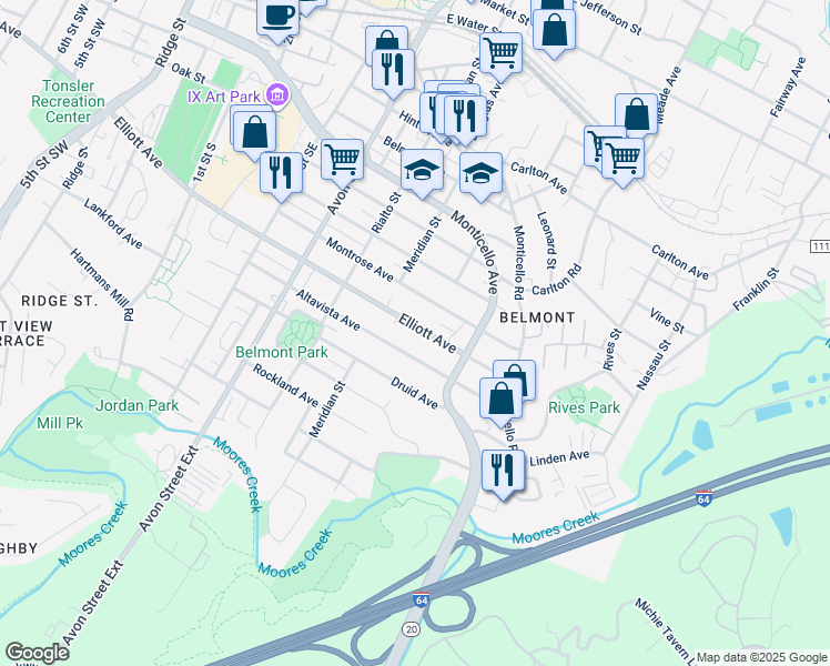 map of restaurants, bars, coffee shops, grocery stores, and more near 916 Elliott Avenue in Charlottesville