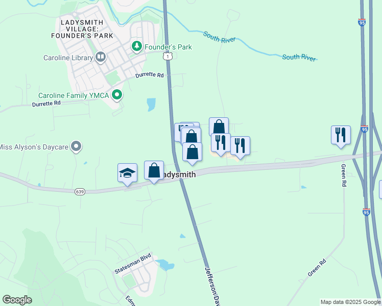 map of restaurants, bars, coffee shops, grocery stores, and more near 17501 Jefferson Davis Highway in Ruther Glen