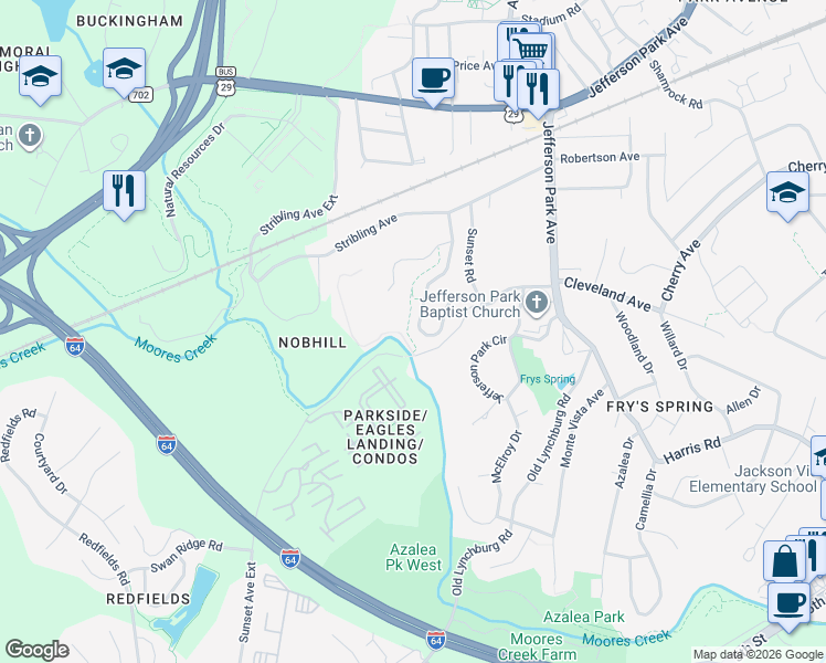 map of restaurants, bars, coffee shops, grocery stores, and more near 249 Huntley Avenue in Charlottesville