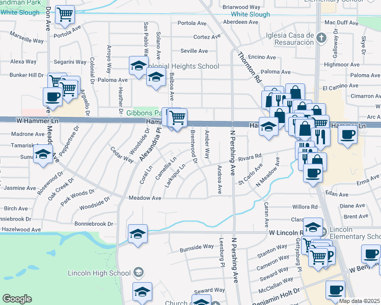 map of restaurants, bars, coffee shops, grocery stores, and more near 7762 Camellia Lane in Stockton