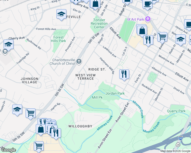 map of restaurants, bars, coffee shops, grocery stores, and more near 145 Baylor Lane in Charlottesville