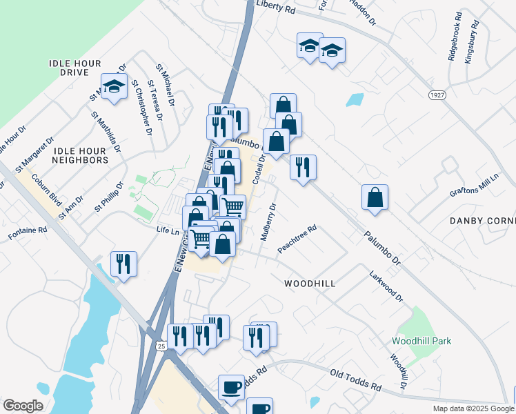 map of restaurants, bars, coffee shops, grocery stores, and more near 349 Mulberry Drive in Lexington