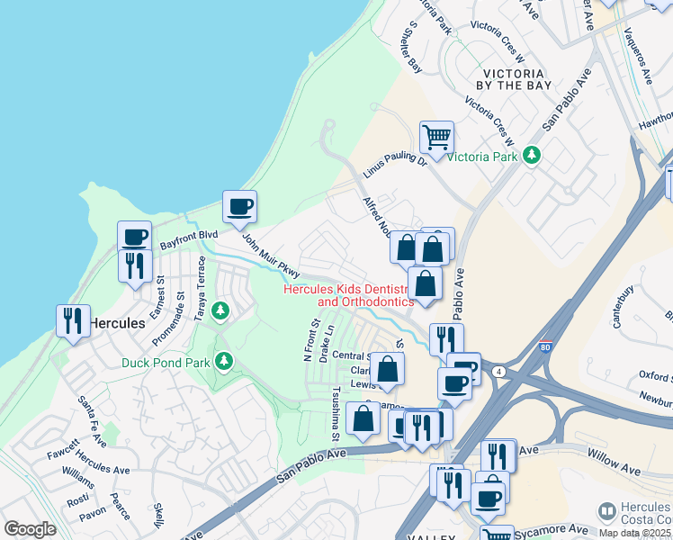 map of restaurants, bars, coffee shops, grocery stores, and more near 1952 John Muir Parkway in Hercules