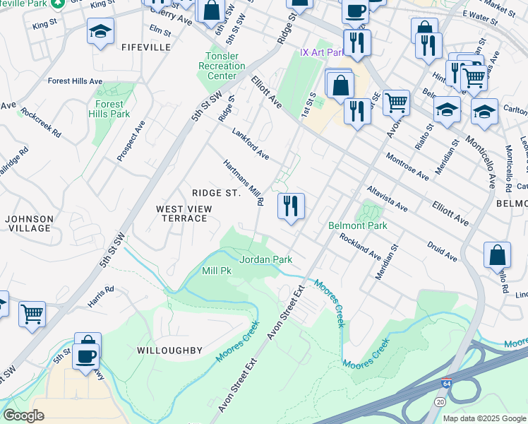 map of restaurants, bars, coffee shops, grocery stores, and more near 111 Hartmans Mill Road in Charlottesville
