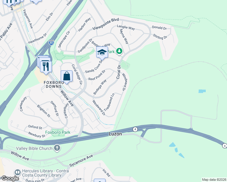 map of restaurants, bars, coffee shops, grocery stores, and more near 883 Tradewind Lane in Rodeo