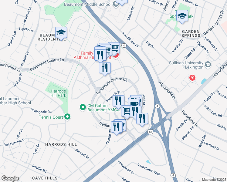 map of restaurants, bars, coffee shops, grocery stores, and more near 1135 Monarch Street in Lexington