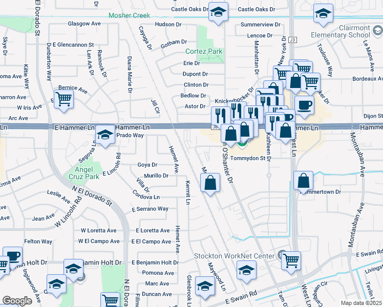 map of restaurants, bars, coffee shops, grocery stores, and more near 7711 Murray Drive in Stockton