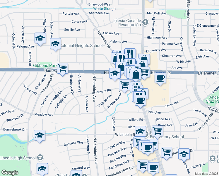 map of restaurants, bars, coffee shops, grocery stores, and more near 1213 Rivara Road in Stockton