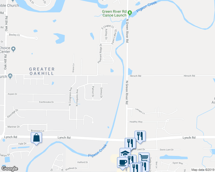map of restaurants, bars, coffee shops, grocery stores, and more near 4525 Mayflower Drive in Evansville