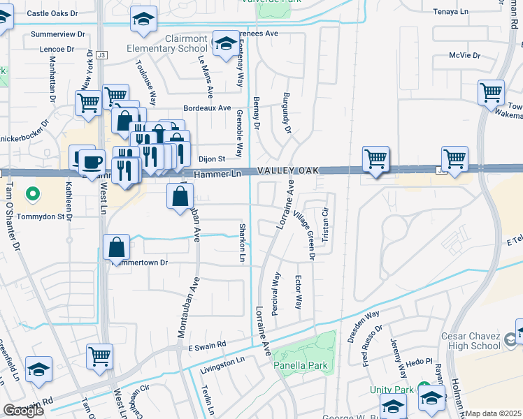 map of restaurants, bars, coffee shops, grocery stores, and more near 7323 Excalibur Circle in Stockton