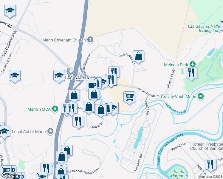 map of restaurants, bars, coffee shops, grocery stores, and more near 100 Smith Ranch Road in San Rafael