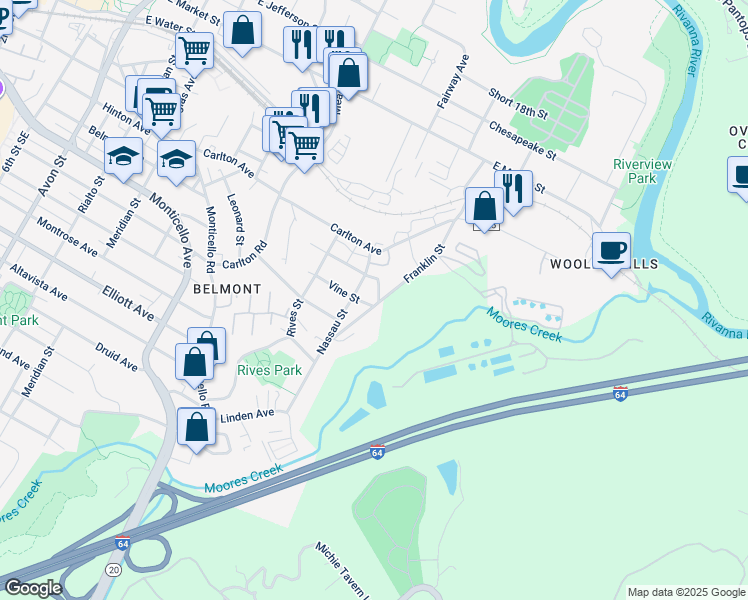 map of restaurants, bars, coffee shops, grocery stores, and more near 704 Franklin Street in Charlottesville