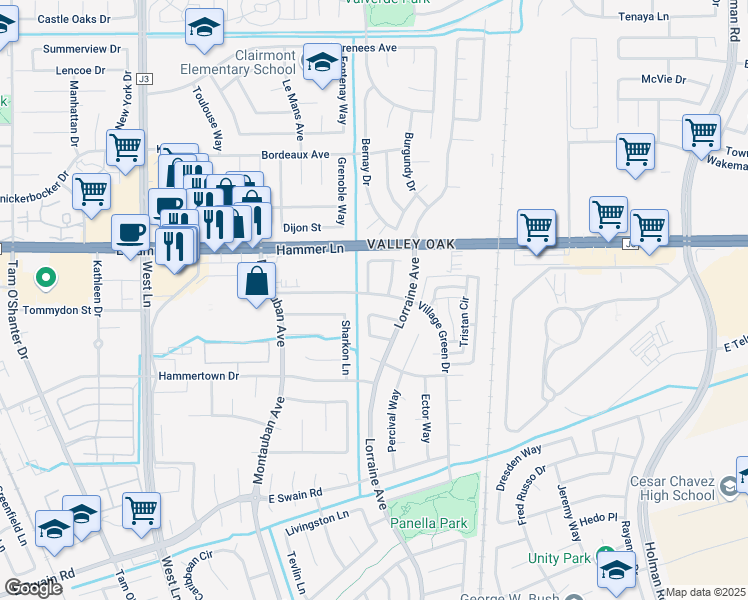 map of restaurants, bars, coffee shops, grocery stores, and more near 7323 Excalibur Circle in Stockton