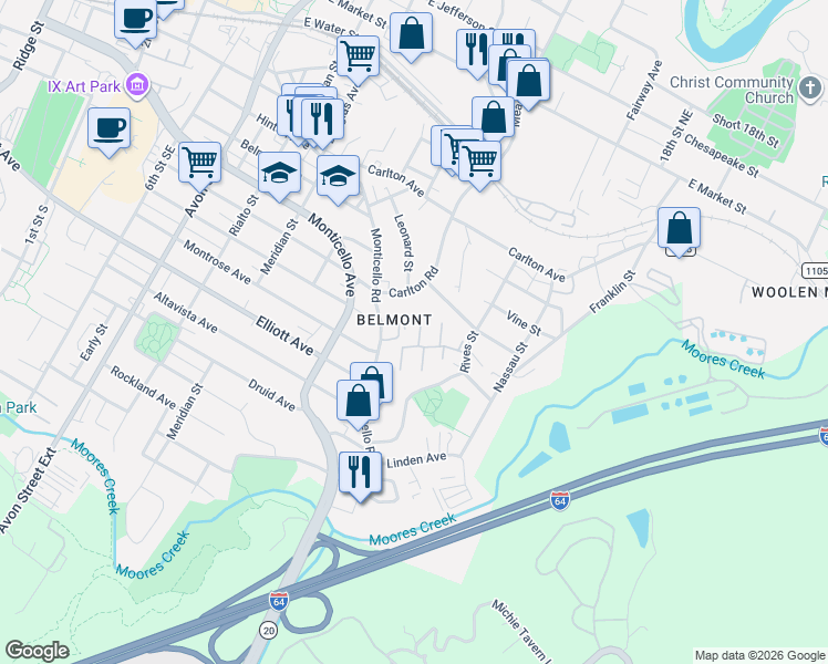 map of restaurants, bars, coffee shops, grocery stores, and more near 108 Waterbury Court in Charlottesville