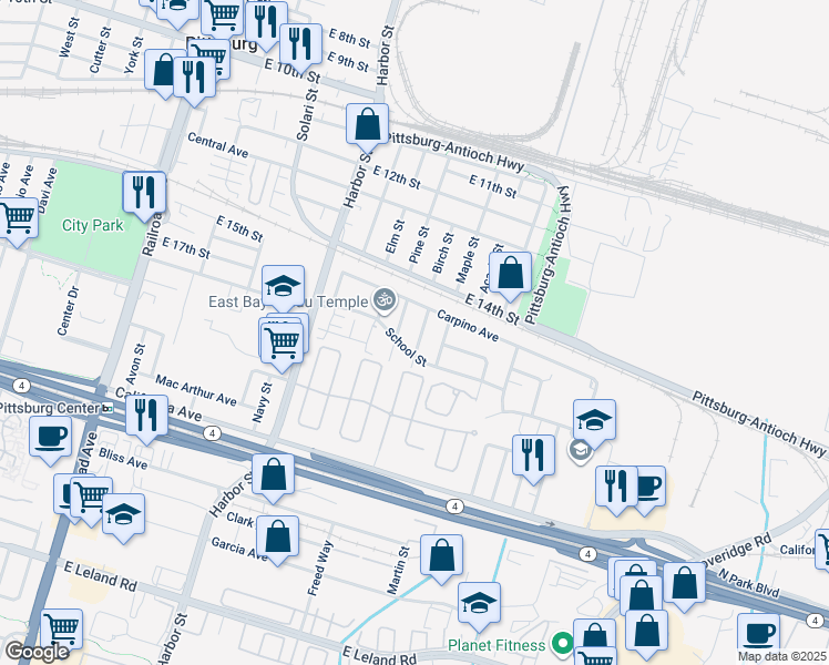 map of restaurants, bars, coffee shops, grocery stores, and more near 1652 Deems Street in Pittsburg