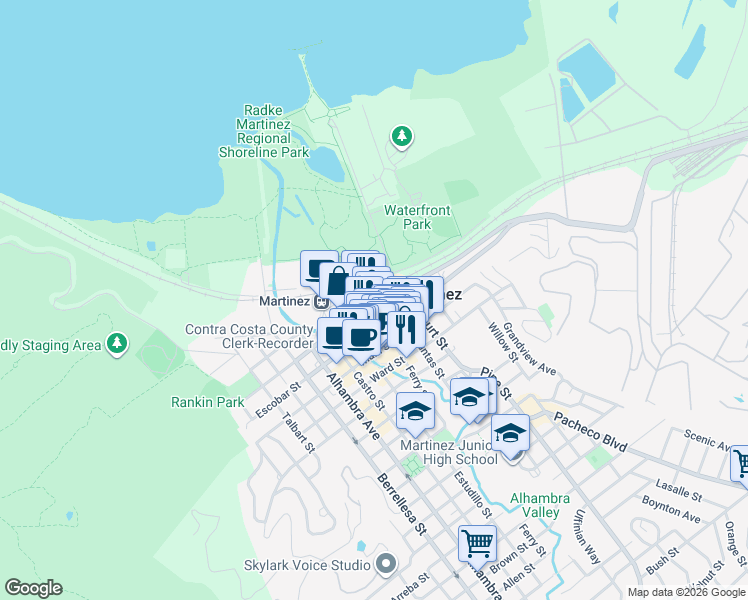 map of restaurants, bars, coffee shops, grocery stores, and more near 411 Ferry Street in Martinez