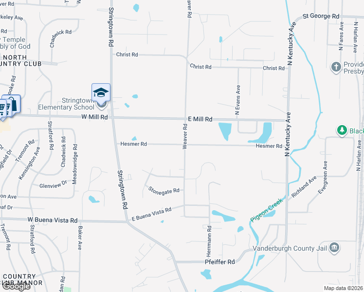 map of restaurants, bars, coffee shops, grocery stores, and more near 401-599 Hesmer Road in Evansville
