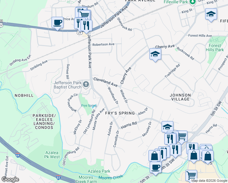 map of restaurants, bars, coffee shops, grocery stores, and more near 2520 Woodland Drive in Charlottesville