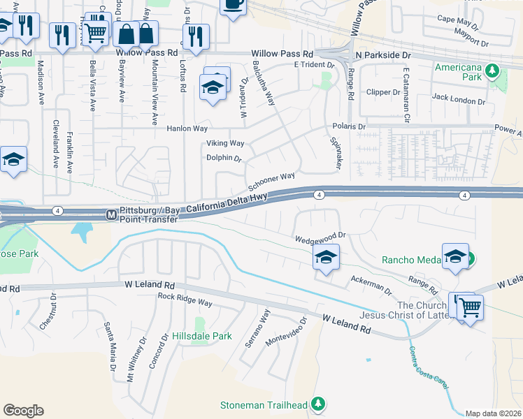 map of restaurants, bars, coffee shops, grocery stores, and more near 2105 Bancroft Court in Pittsburg