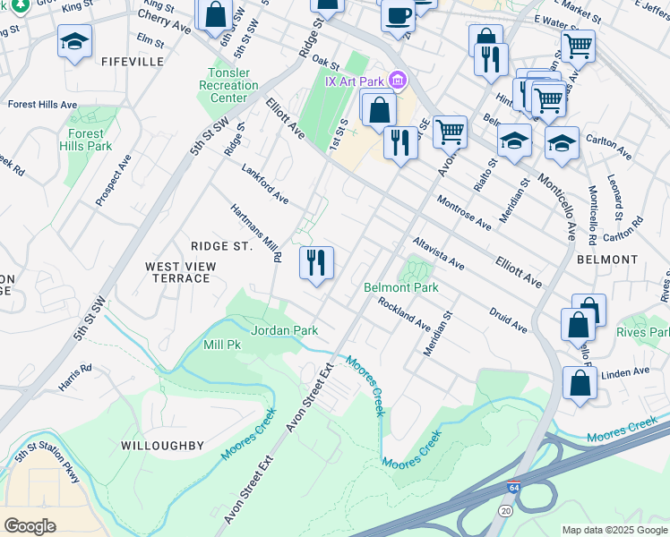 map of restaurants, bars, coffee shops, grocery stores, and more near 514 Rockland Avenue in Charlottesville