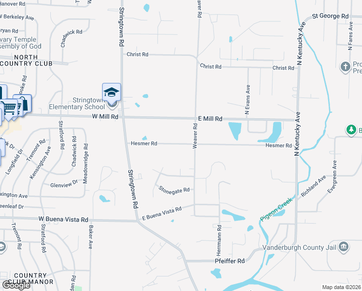 map of restaurants, bars, coffee shops, grocery stores, and more near 401-599 Hesmer Road in Evansville