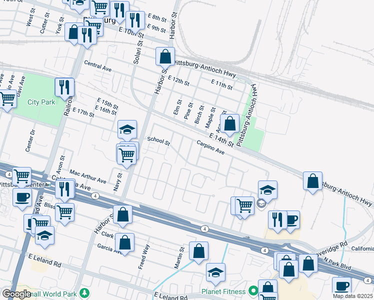 map of restaurants, bars, coffee shops, grocery stores, and more near 1652 Deems Street in Pittsburg