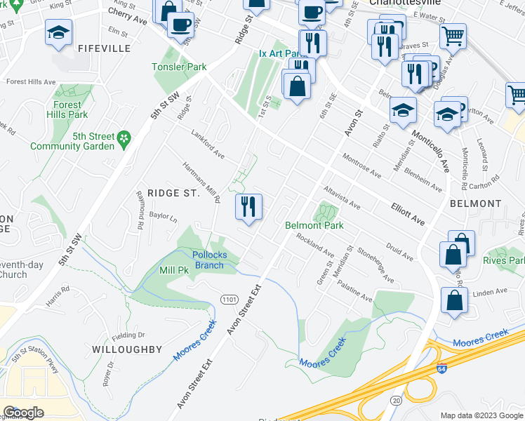 map of restaurants, bars, coffee shops, grocery stores, and more near 514 Rockland Avenue in Charlottesville